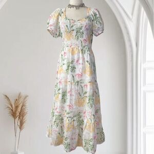 Place 100% Cotton White Pastel Green Pink Milkmaid Flamingo Floral Midi Dress L
